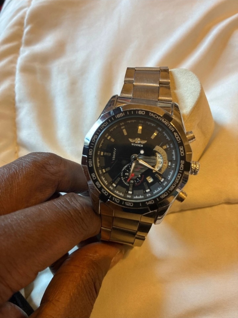 Winner Stainless Steel Tachymeter Chronograph Watch - Black Dial